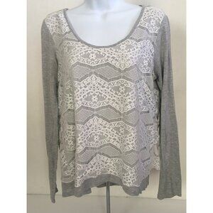 Vanity Top Women Size M Gray Scoop Neck White Lace Front and Back Long Sleeves